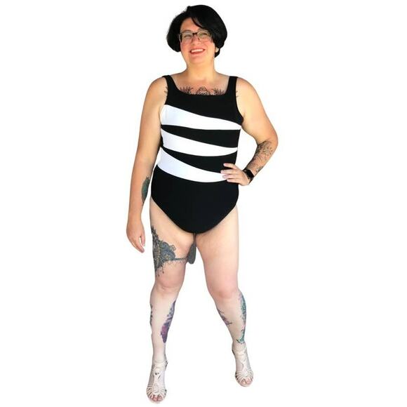 Vintage Black & White Bathing Suit One Piece Sz 14 - Picture 1 of 10